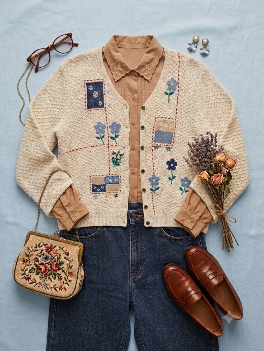 Vintage Alfred Dunner Cream Colored Knit Cardigan With Flower Embroidery
